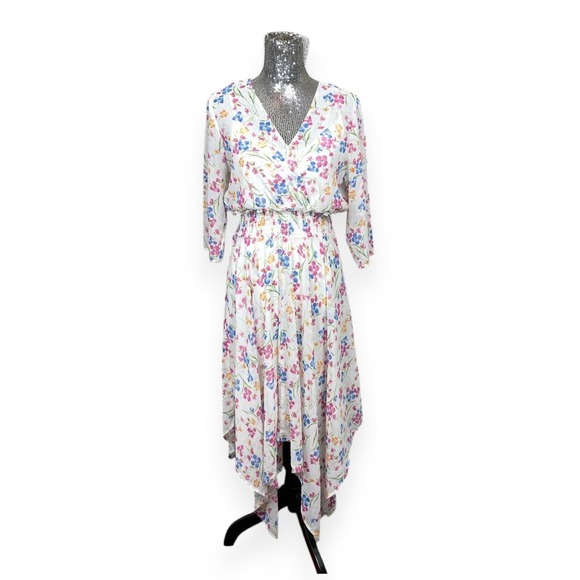 Cottagecore White Floral Maxi Dress Medium Handkerchief Hem Boho Fairy Romantic - Picture 1 of 7